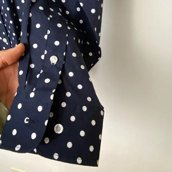 Chaps Blue and White Tie Front Blouse with Mandarin Collar - Picture 3 of 6